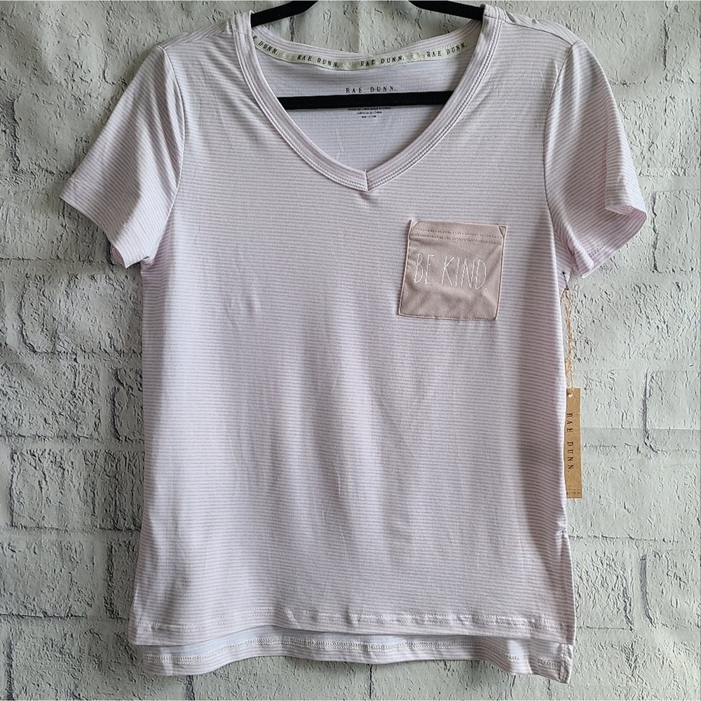 Rae Dunn Striped Hilo Hem Heather Pink Be Kind PJ Top NWT SZ S